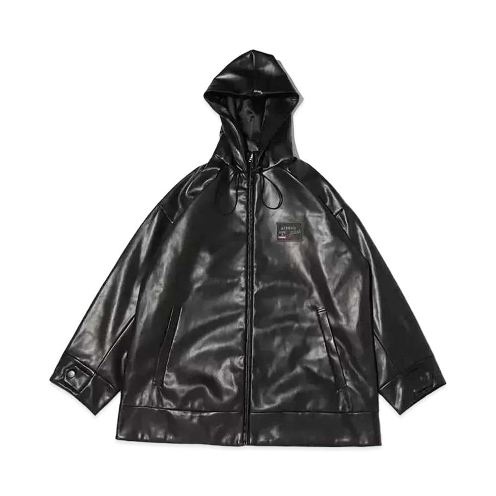 atmos pink Zip-Up Faux-Leather Big Hoodie "Black"
