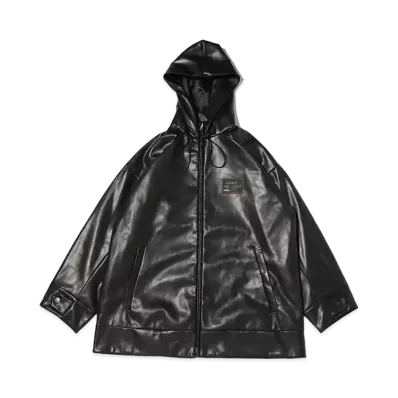 atmos pink Zip-Up Faux-Leather Big Hoodie "Black"