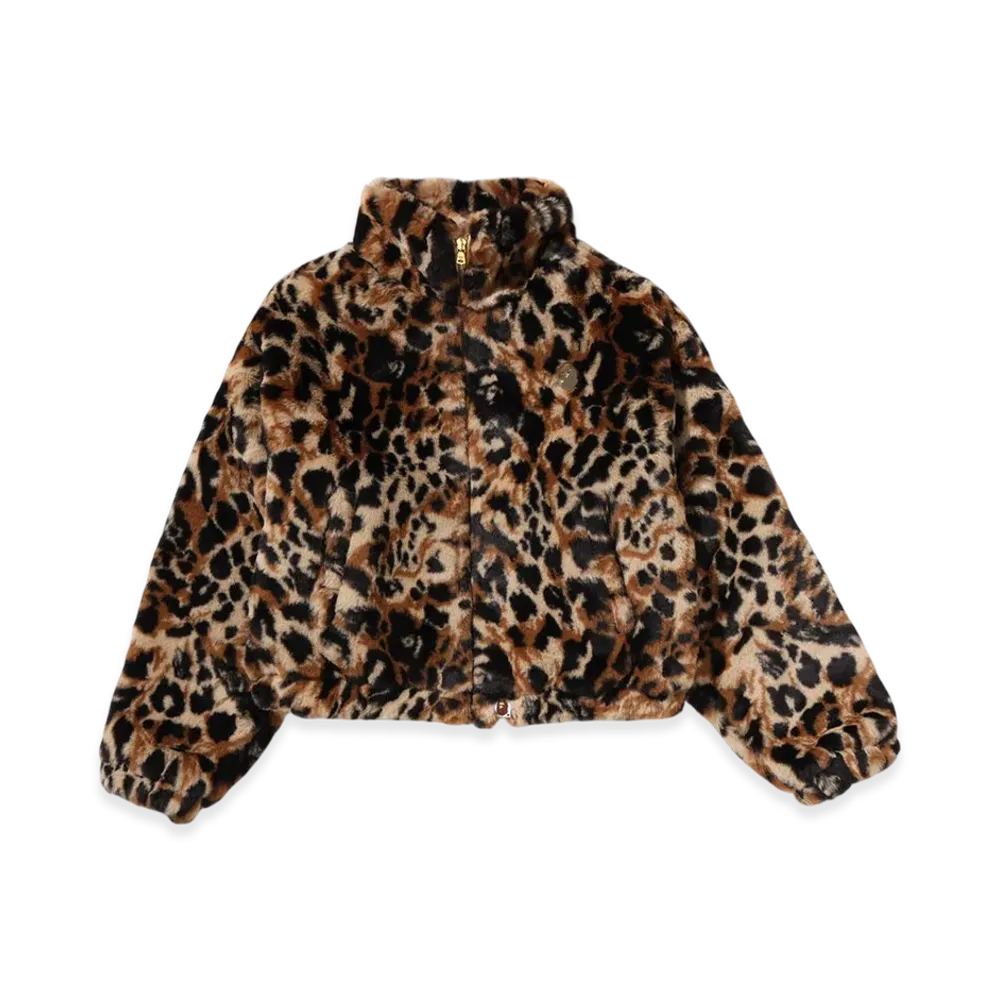 A BATHING APE Wild Leopard Pattern One Point Long Fur Jacket "Beige"