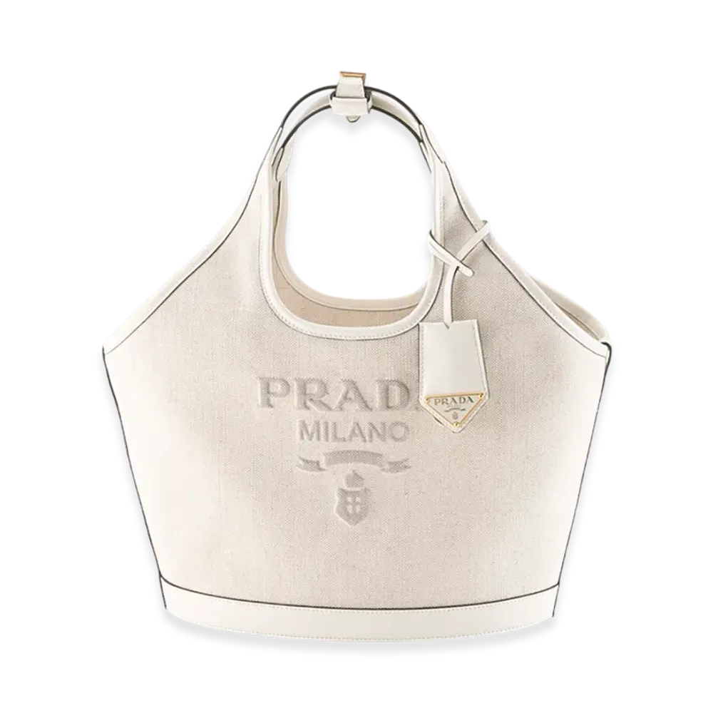 PRADA Linen Blend Leather MD Tote "Beige/White"