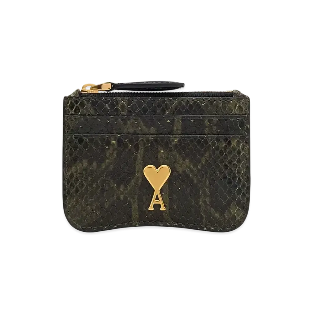 AMI PARIS Leather Zip Card Holder "OliveNoire"