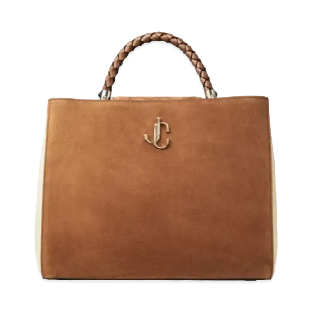 Jimmy Choo Varenne Top Handle L Suede And Raffia Hobo Handbag With Woven Handle "Dark Tan/Natural"