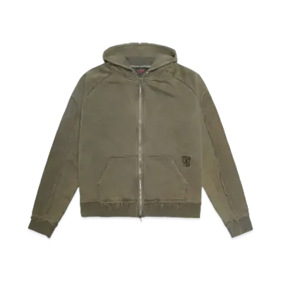 T.C.R DISTRESSED WASHED FULL-ZIP BAGGY HOODIE "KHAKI"