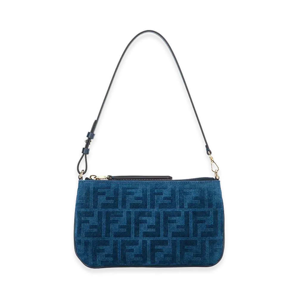 FENDI Women's Flat Baguette FF Flock Denim Slim Clutch Shoulder Strap "Blue"