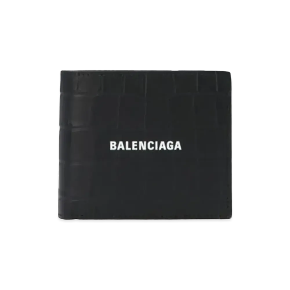 BALENCIAGA Cash Folded Coin Wallet Semi Matt Embossed Crocodile Calfskin "Black"