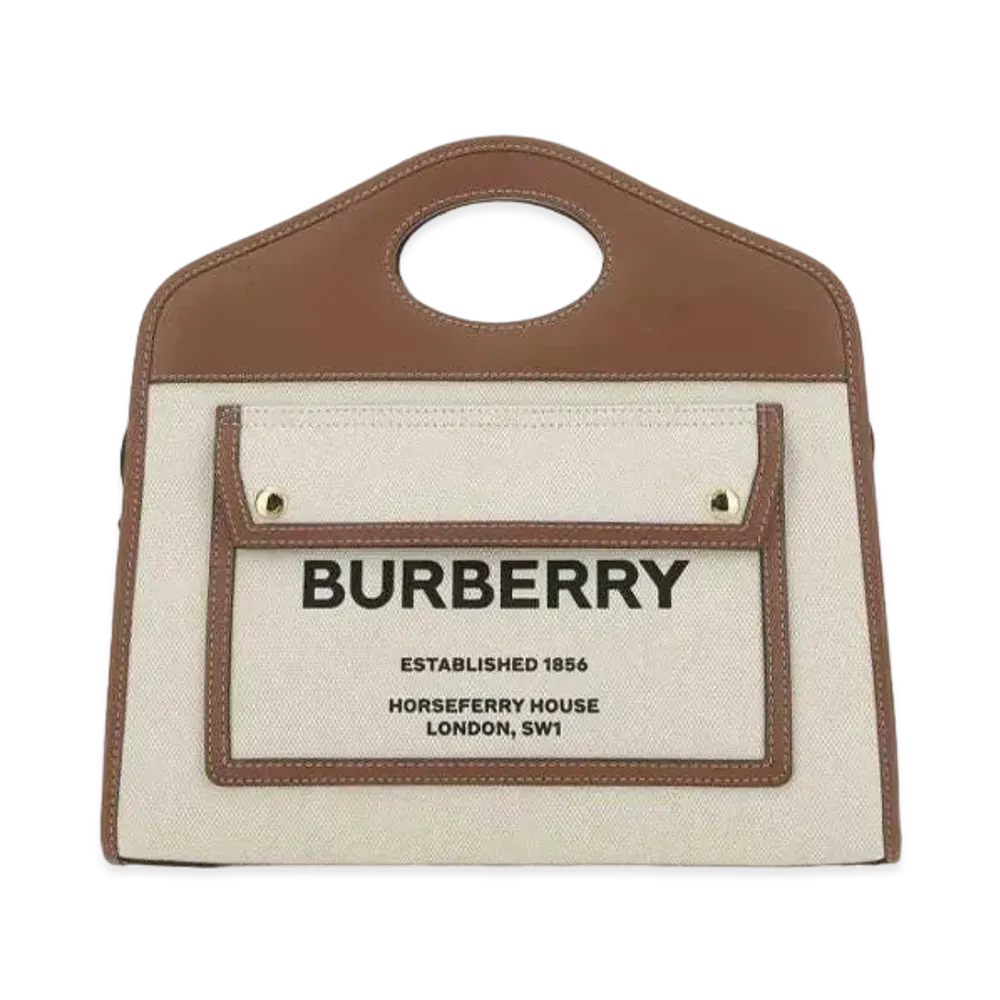 Burberry Small Two Tone Canvasleather Pocket Tote "Natural/Malt Brown"