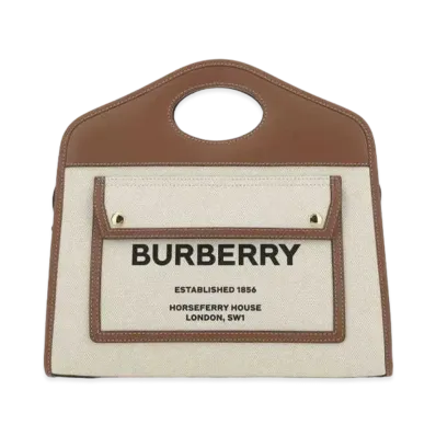 Burberry Small Two Tone Canvasleather Pocket Tote "Natural/Malt Brown"