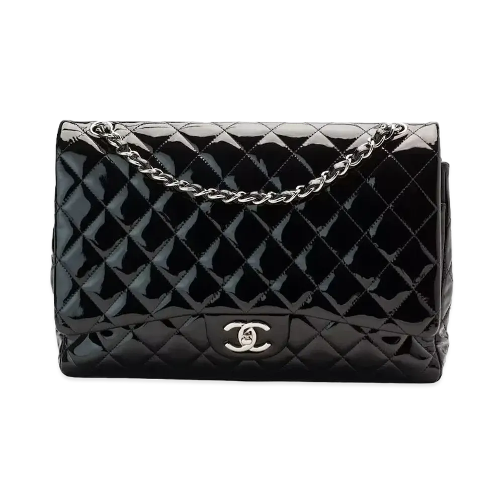 CHANEL Deca Matelasse Double Flap Patent Calfskin "Black/Silver"