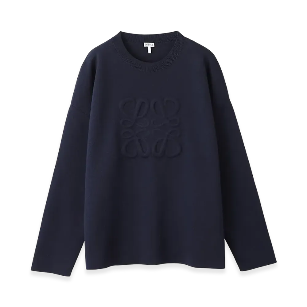 LOEWE Men's Debossed Anagram Crew-Neck Sweater "Navy Blue"