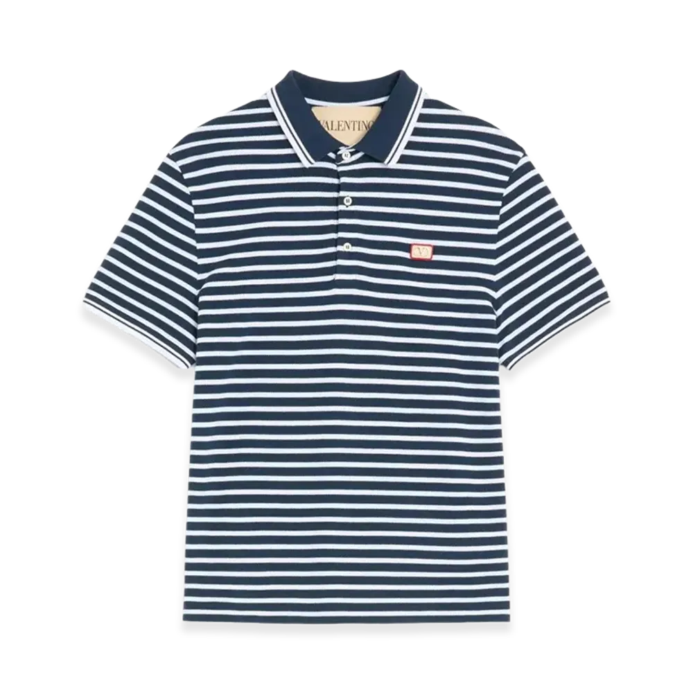 Valentino Cotton Pique Polo With Vlogo Patch "White/Blue"