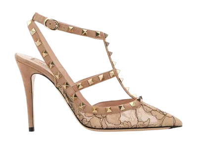 Valentino Garavani Women's Powder Pink Lace And Suede Rockstud Pumps "Floral"