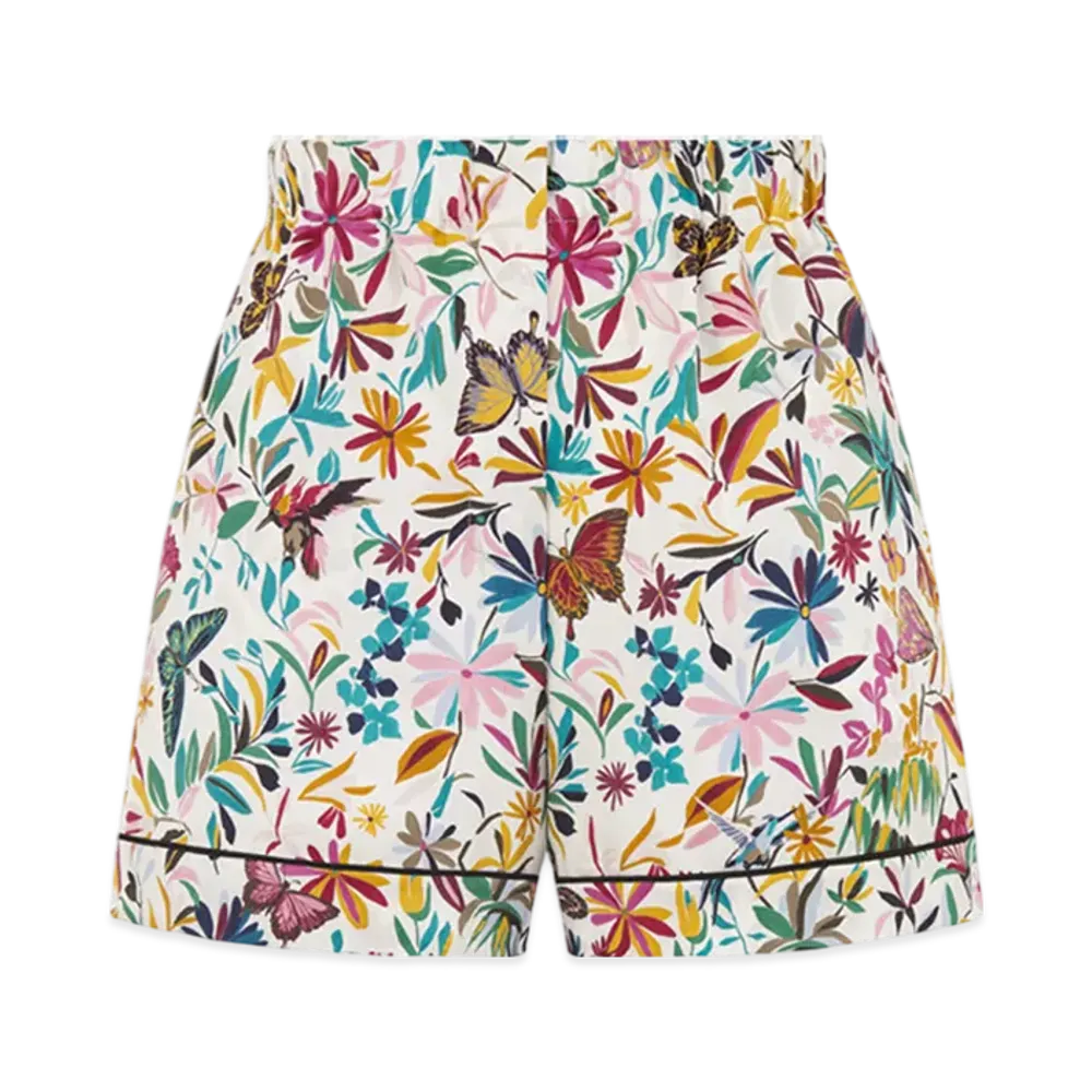 Dior Women's Shorts Silk Twill Fantastica Motif "White/Multicolor"