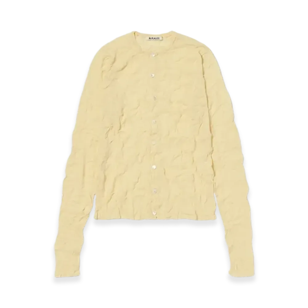 AURALEE Wrinkled Wool Polyester High Gauge Knit Crew Neck Cardigan "Yellow"