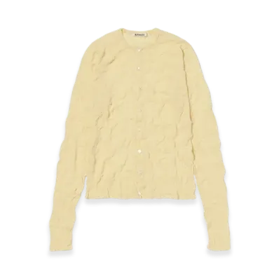 AURALEE Wrinkled Wool Polyester High Gauge Knit Crew Neck Cardigan "Yellow"