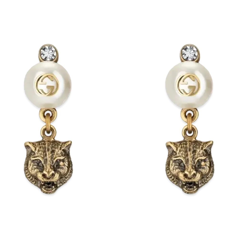 GUCCI Pearl & Tiger Head Earrings "Antique Gold"