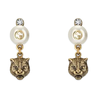 GUCCI Pearl & Tiger Head Earrings "Antique Gold"