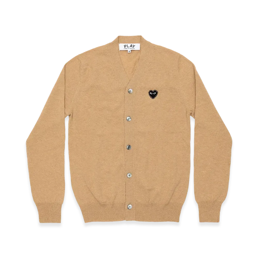 PLAY COMME des GARCONS Unisex V-Neck Cardigan with Emblem x Rhinestone "Top Light Camel"