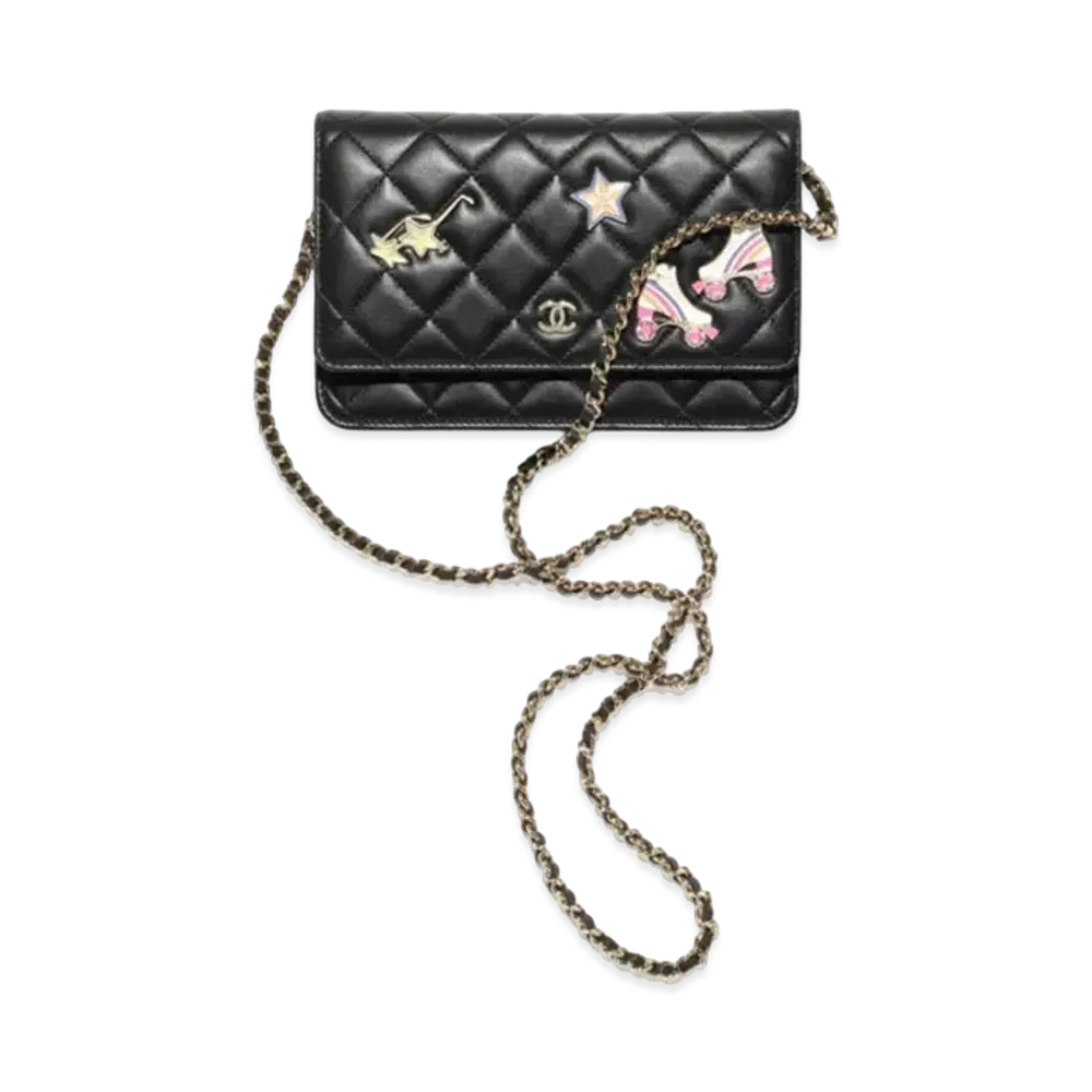 CHANEL Classic Wallet On Chain Lambskin Enamel Gold Tone Metal "Black"