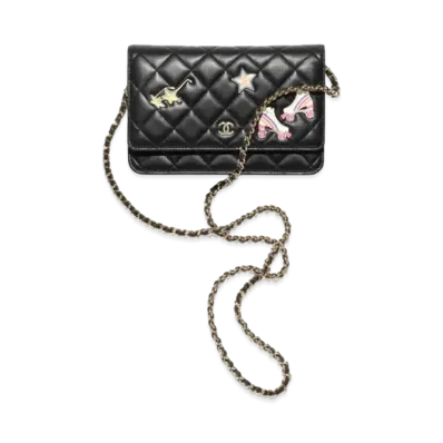CHANEL Classic Wallet On Chain Lambskin Enamel Gold Tone Metal "Black"