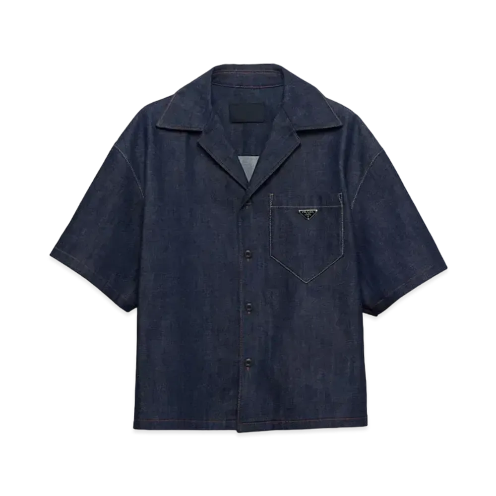 PRADA Men's Short-Sleeved Selvedge Denim Shirt "Navy"