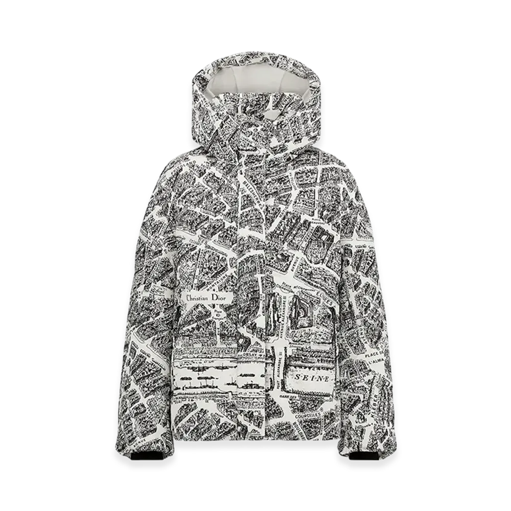 Dior Women's Alps Hooded Puffer Jacket Quilted Technical Taffeta Plan Paris Motif "White/Black"