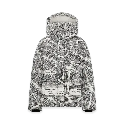 Dior Women's Alps Hooded Puffer Jacket Quilted Technical Taffeta Plan Paris Motif "White/Black"
