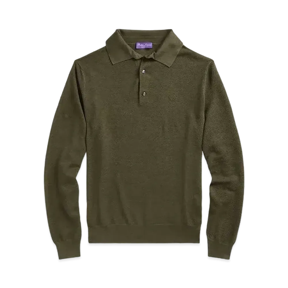 Ralph Lauren Purple Label Monogram Silk Blend Polo Collar Sweater "Brown"