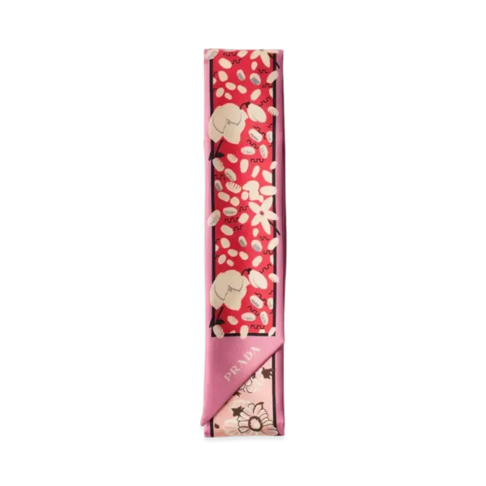 PRADA Printed Silk Twill Skinny Scarf "Pink/Red"