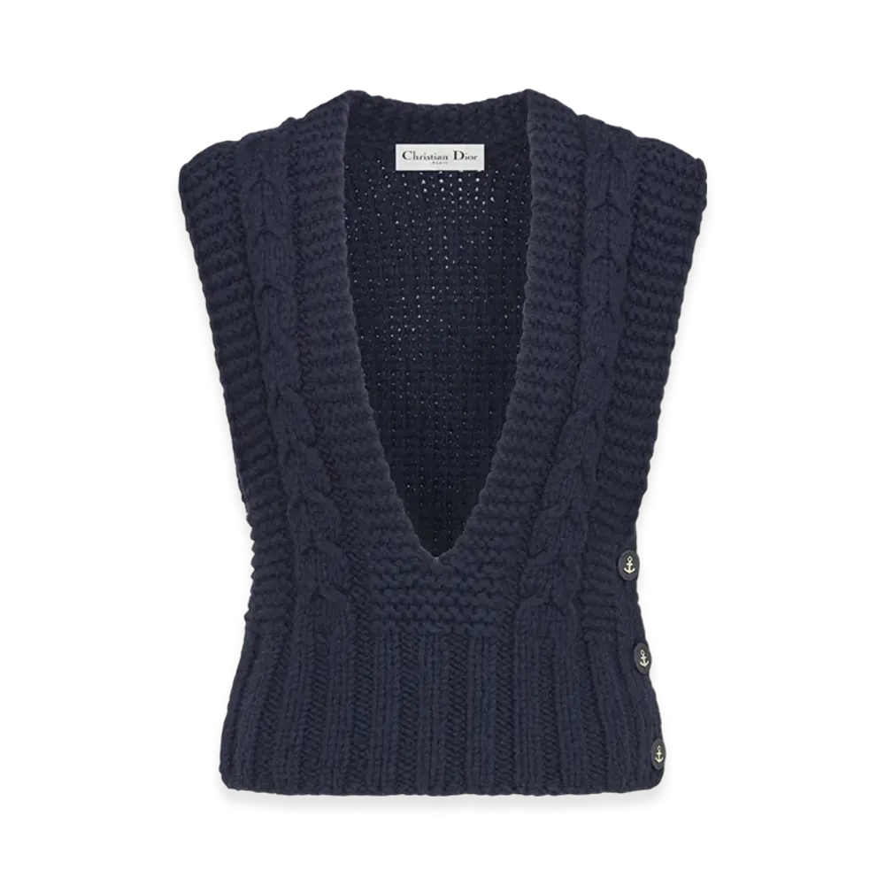 Dior Women's Virgin Wool Blend Cable Knit Sweater Vest "Navy Blue"