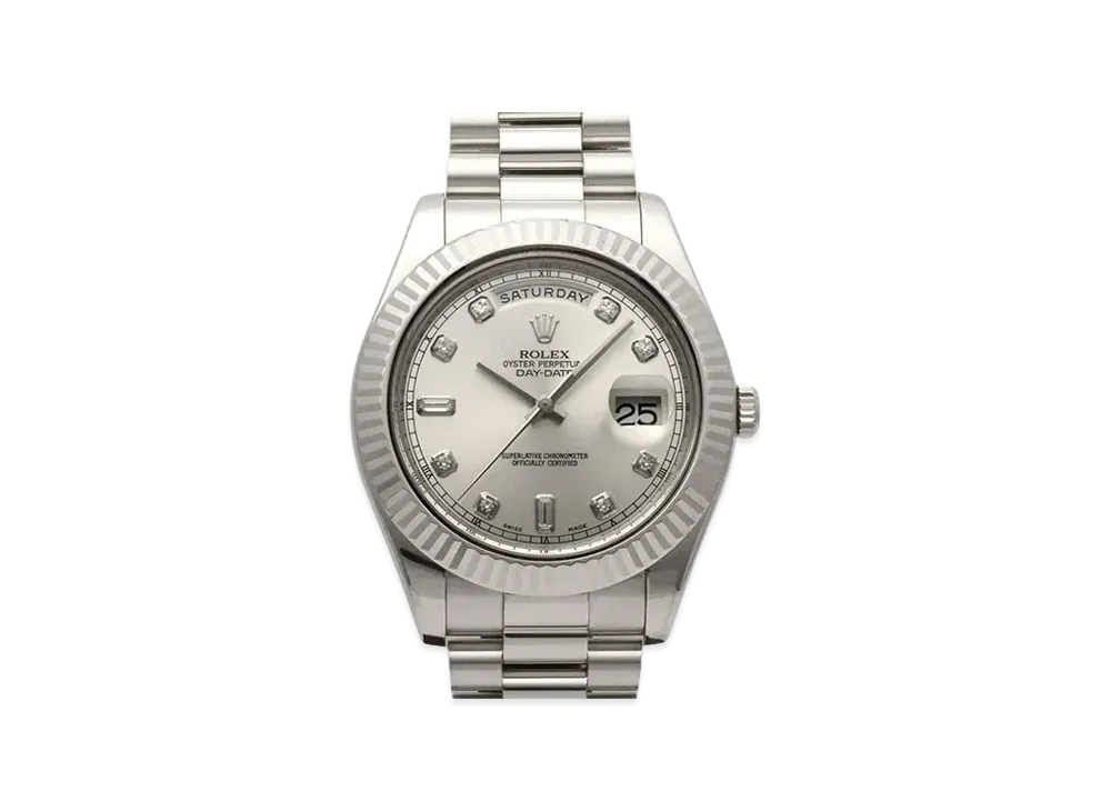 ROLEX Daydate II 8P Diamonds/2P Baguette Diamonds "Silver/White Gold"