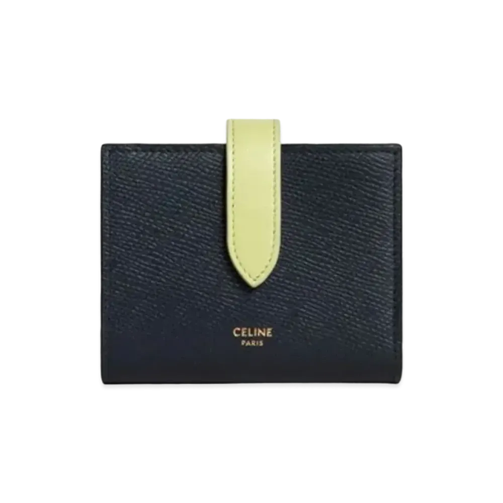 CELINE Small Strap Wallet In Bicolour Grained Calfskin "Dark Navy/Light Jade"