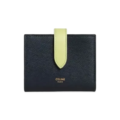 CELINE Small Strap Wallet In Bicolour Grained Calfskin "Dark Navy/Light Jade"