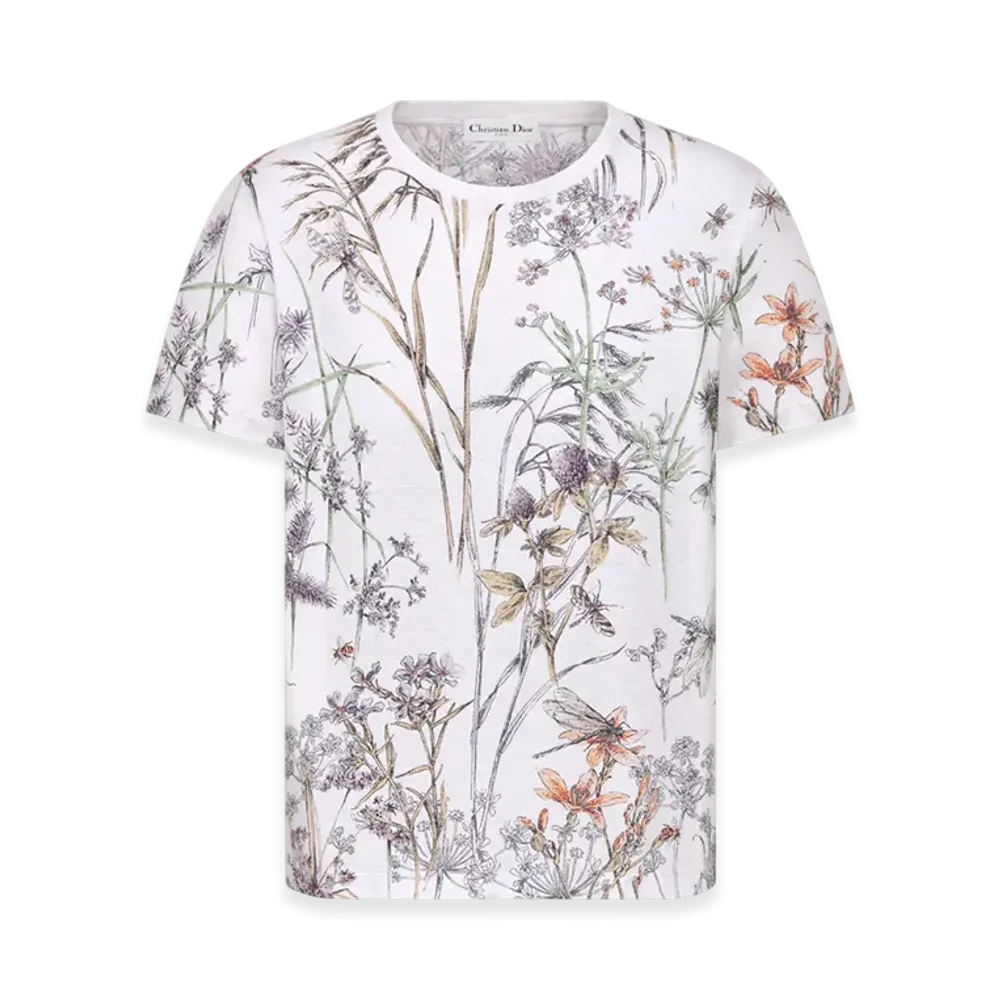 Dior Women's T-Shirt Cotton Linen Jersey with Dior Herbarium Motif "White/Multicolor"