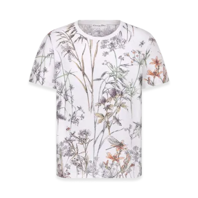 Dior Women's T-Shirt Cotton Linen Jersey with Dior Herbarium Motif "White/Multicolor"