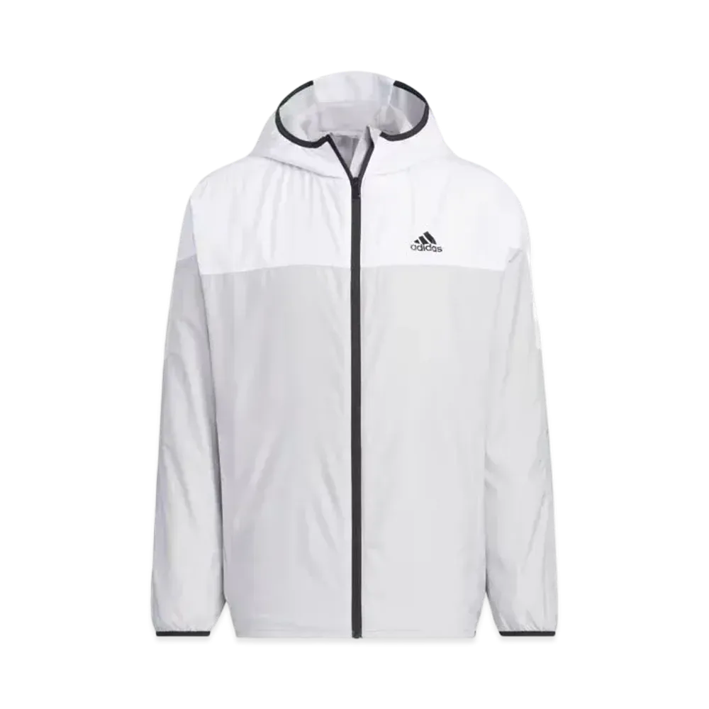 adidas Must Have Small Logo Regular Fit WIND. RDY Hooded Windbreaker Jacket "Light Solid Grey/White"