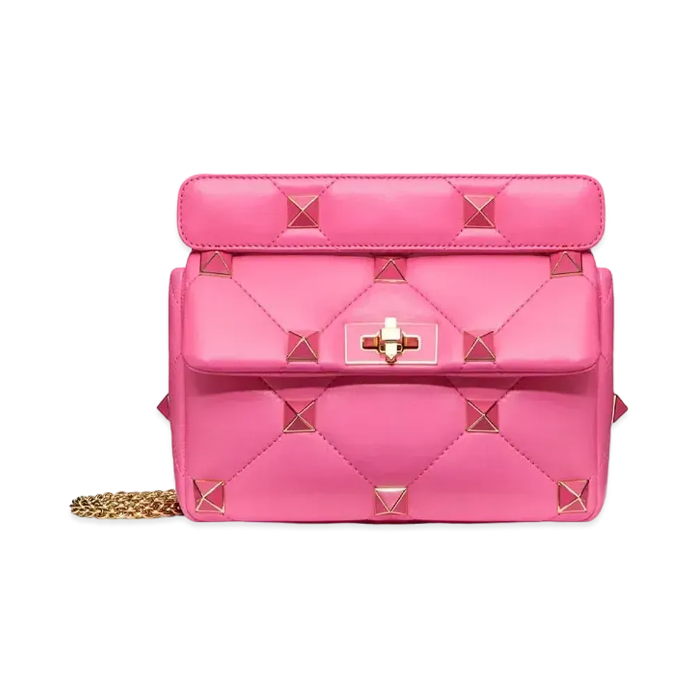 Valentino Roman Studs Nappa Leather Enamel Studges Medium Chain Shoulder Bag "Pink"