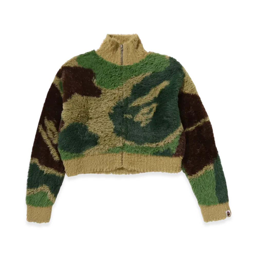 A BATHING APE Ladies Mega Abc Camo Long Fur Mockneck Cropped Zip Cardigan "Green"