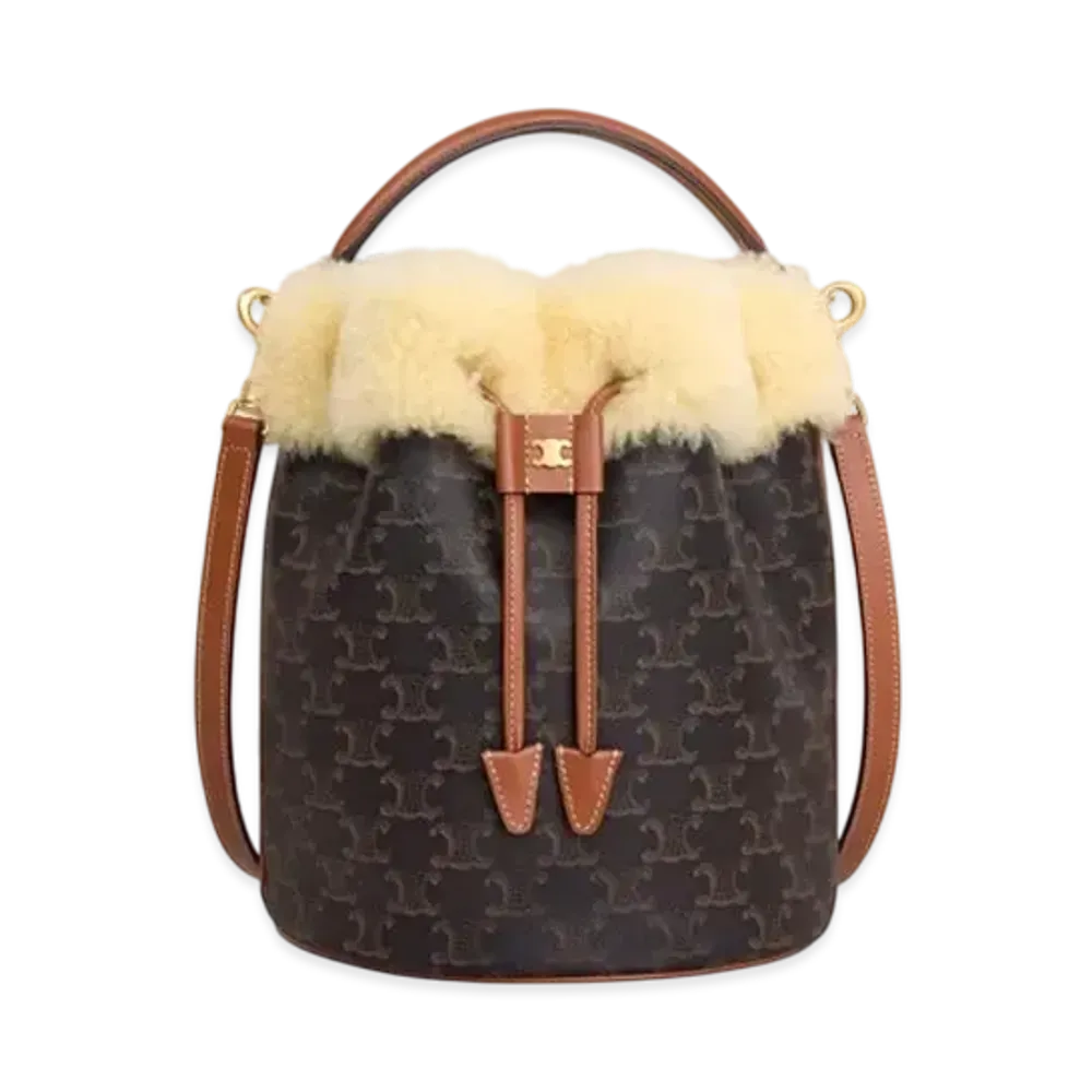 CELINE Clara Bag In Triomphe Canvas and Shearling "Tan/Natural"