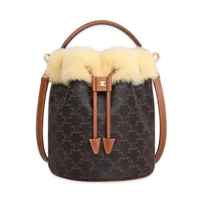 CELINE Clara Bag In Triomphe Canvas and Shearling "Tan/Natural"