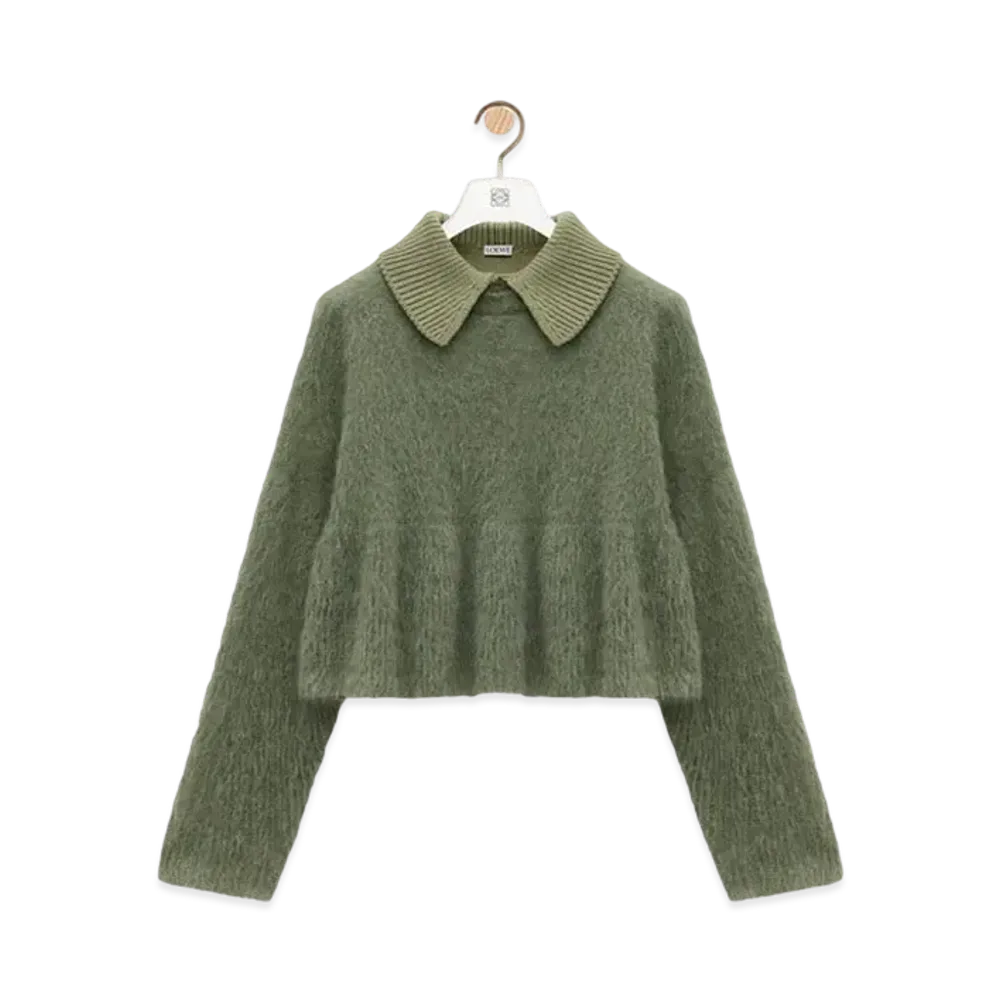 LOEWE Women's Polo Sweater in Mohair Blend "Khaki Green"