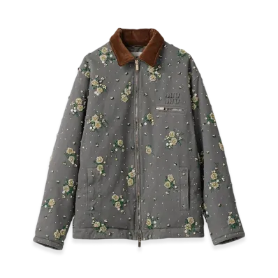 MIU MIU Women's Embroidered Garment Dyed Gabardine Blouson Jacket "Iron Gray"