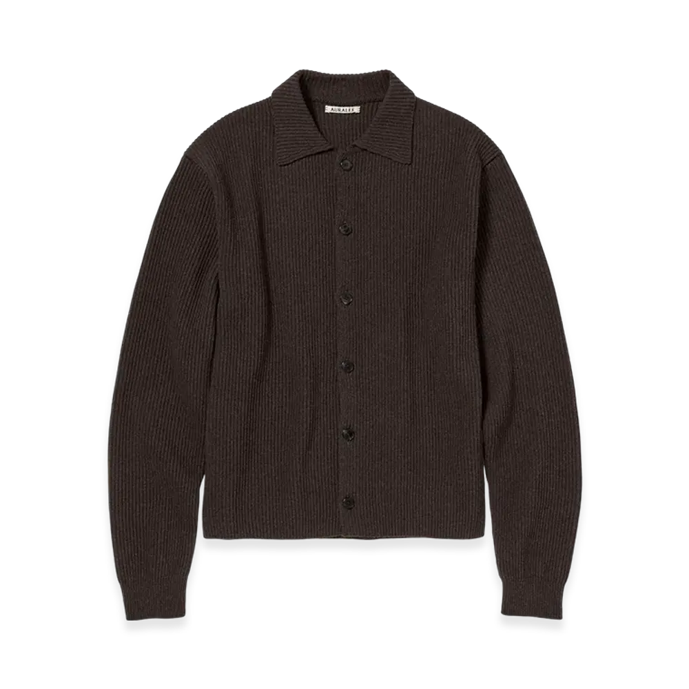 AURALEE Super Fine Wool Rib Knit Shirt Cardigan "Top Brown"
