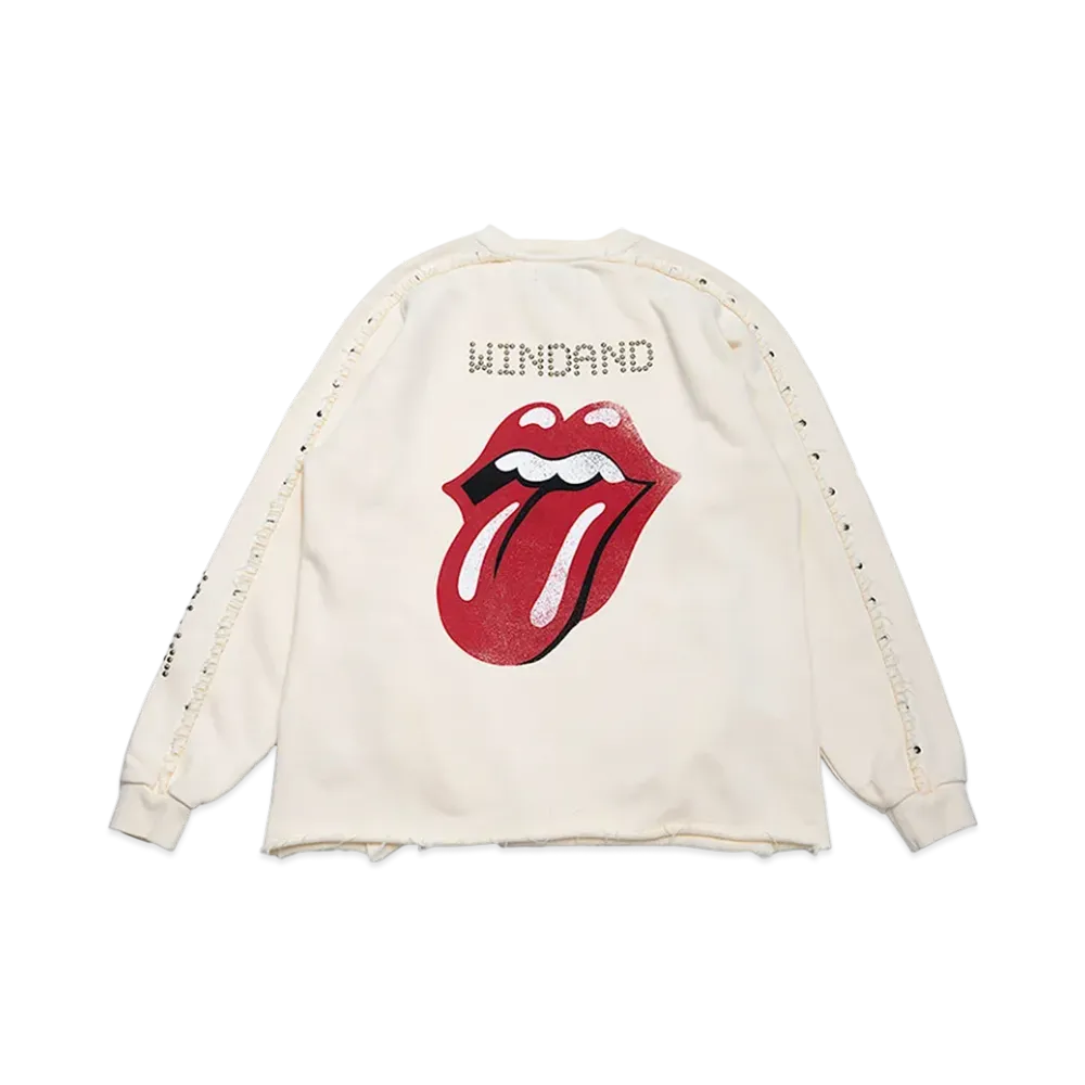 WIND AND SEA x The Rolling Stones Studs And Rhine Stones Crewneck Sweatshirt "Ecru"