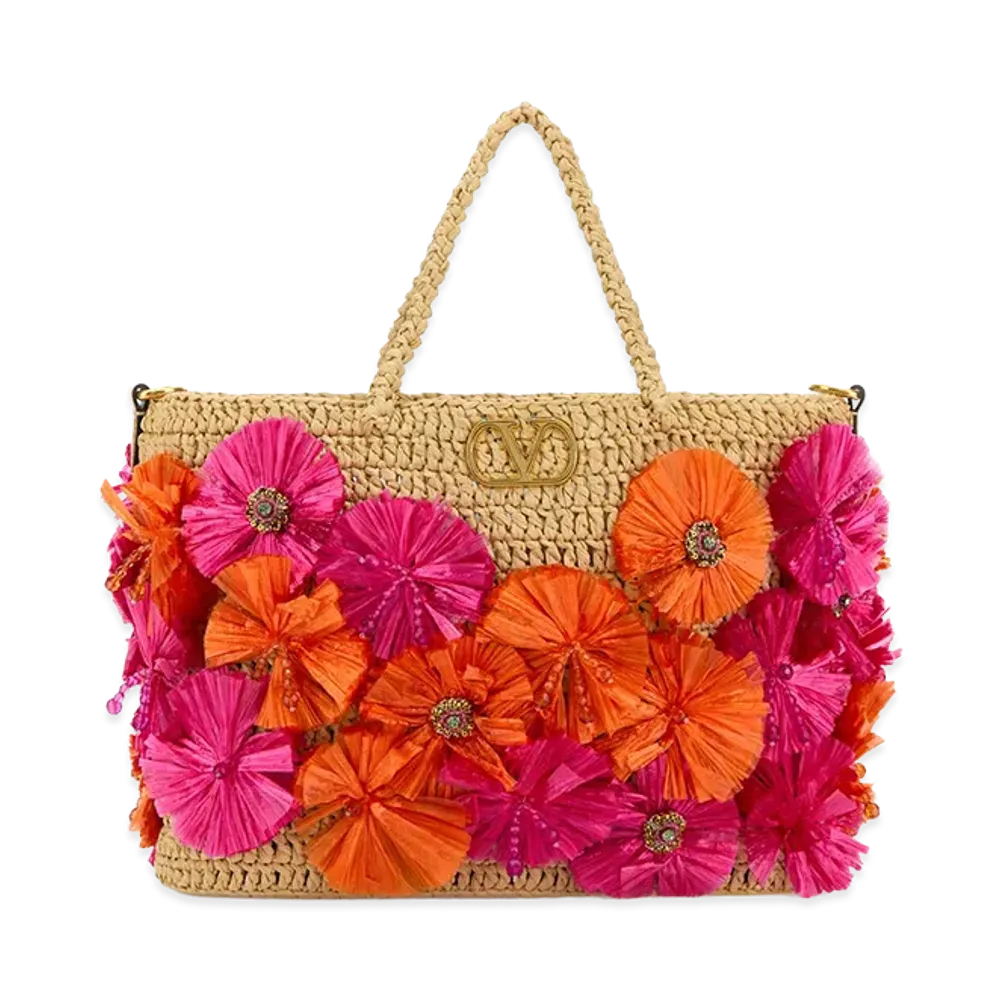 Valentino Women's Embellished Raffia Vlogo Signature Shopping Bag "Multicolor"