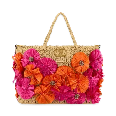 Valentino Women's Embellished Raffia Vlogo Signature Shopping Bag "Multicolor"