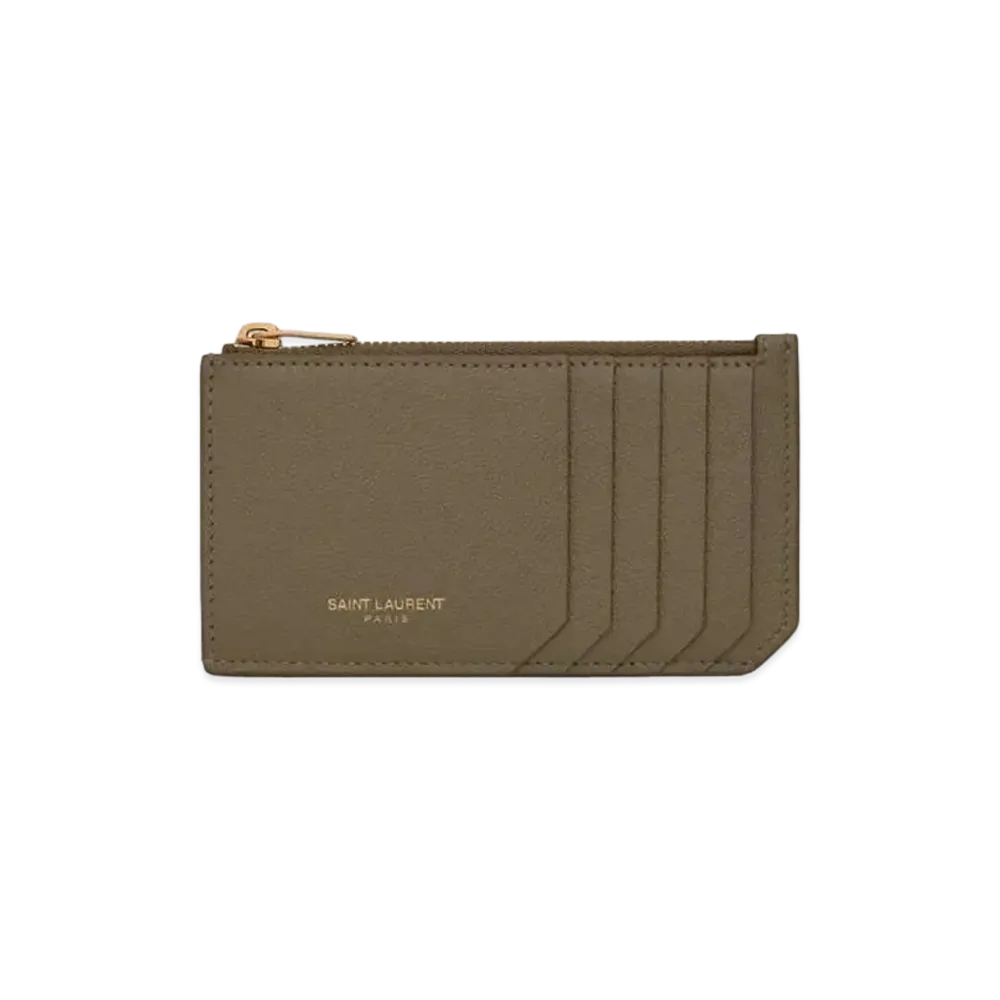 Saint Laurent Paris Fragments Zipped Card Case In Grain De Poudre Embossed Leather "Light Fern"