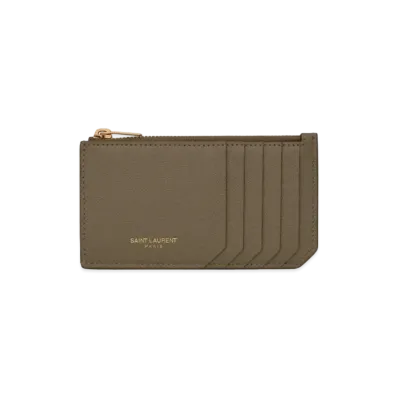 Saint Laurent Paris Fragments Zipped Card Case In Grain De Poudre Embossed Leather "Light Fern"