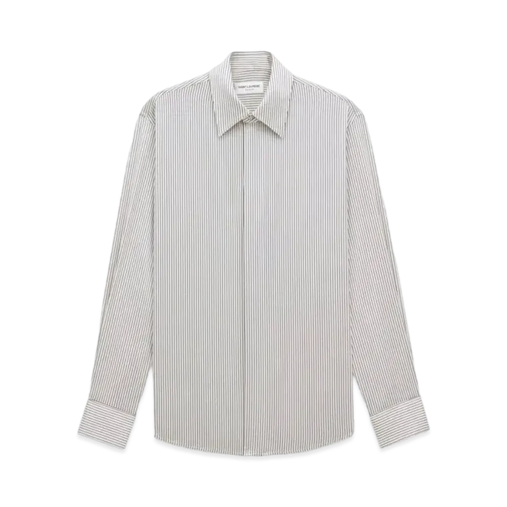 Saint Laurent Women's Boyfriend Shirt in Striped Silk Satin "Craie Marine"