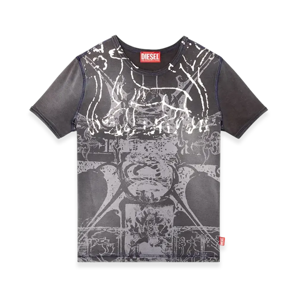 Diesel T-Uncuties-Long-R6 T-Shirt With Foil Print "Black"