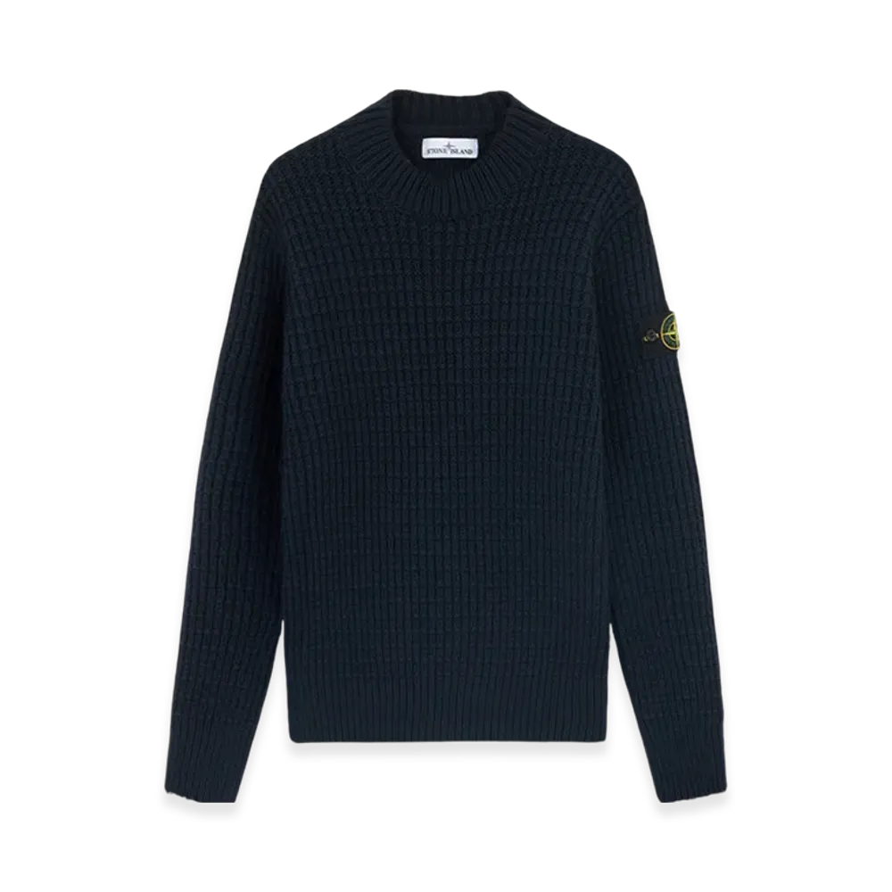 Stone Island 537D5 Double Weave Pure Wool Mock Neck Sweater with Checkered Stitch - 24FW "Navy Blue"